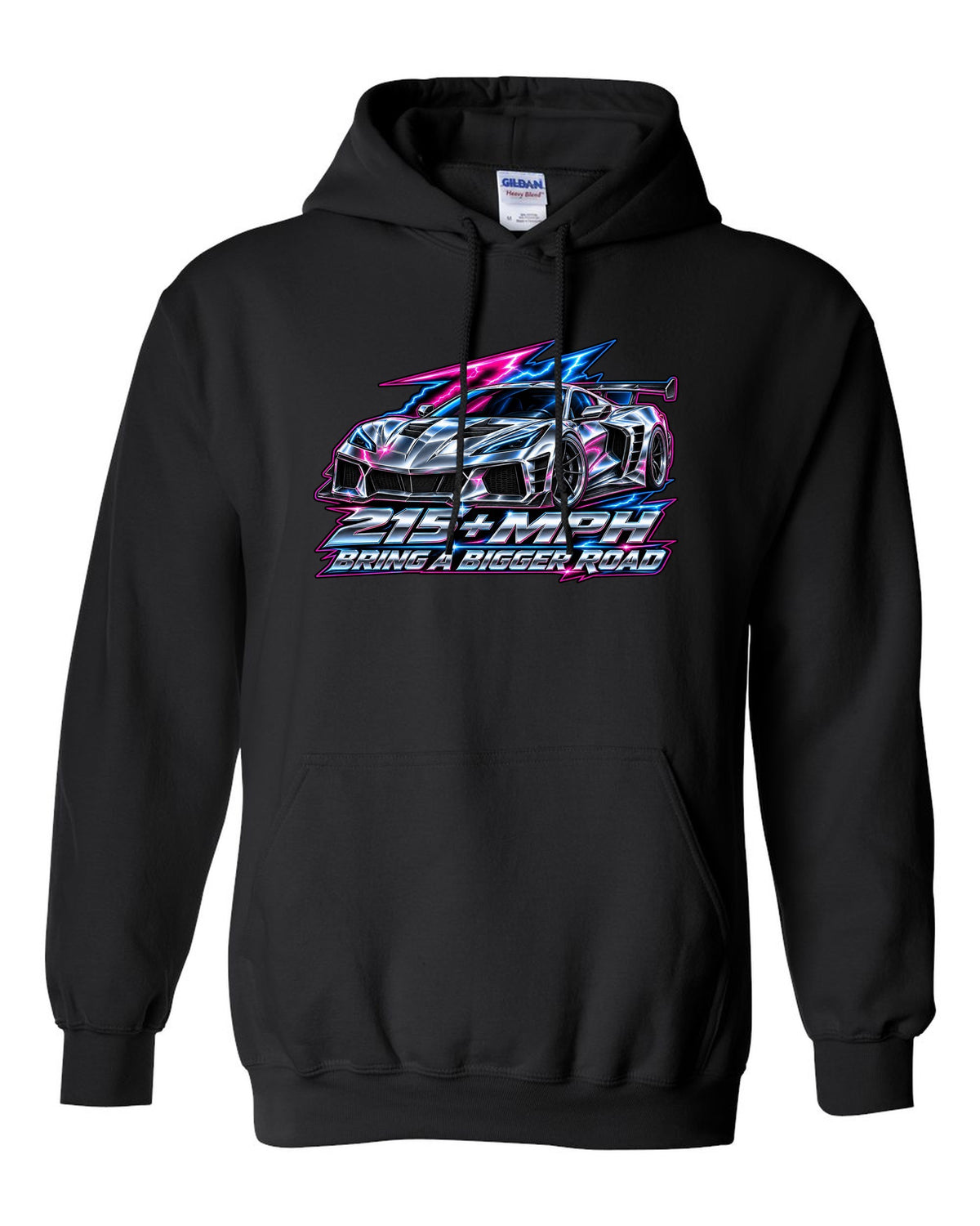 Gauge-cluster HUD design with a 2025 C8 Corvette ZR1 and 215 plus mph lettering black pull over hoodie front view with the design