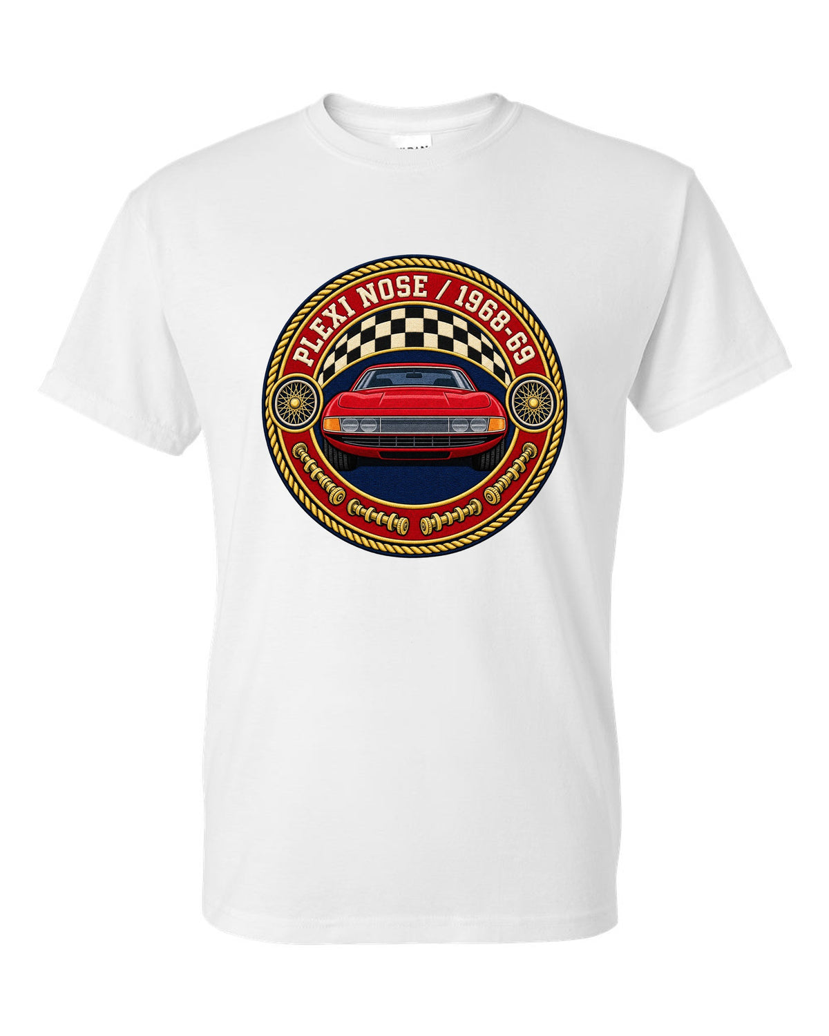 Round crest print for the Ferrari 365 GTB/4 Daytona with Plexi Nose and 1968-69 lettering white t-shirt front view with the design