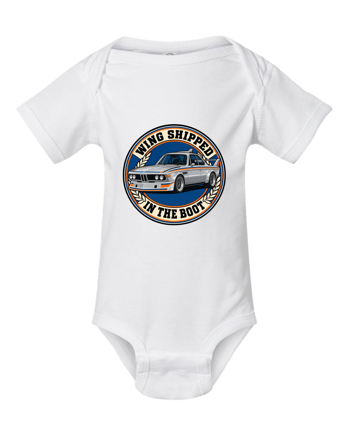 Embroidery-style varsity crest print of a BMW 3.0 CSL E9 with wing in the boot text white baby onesie front view with the design