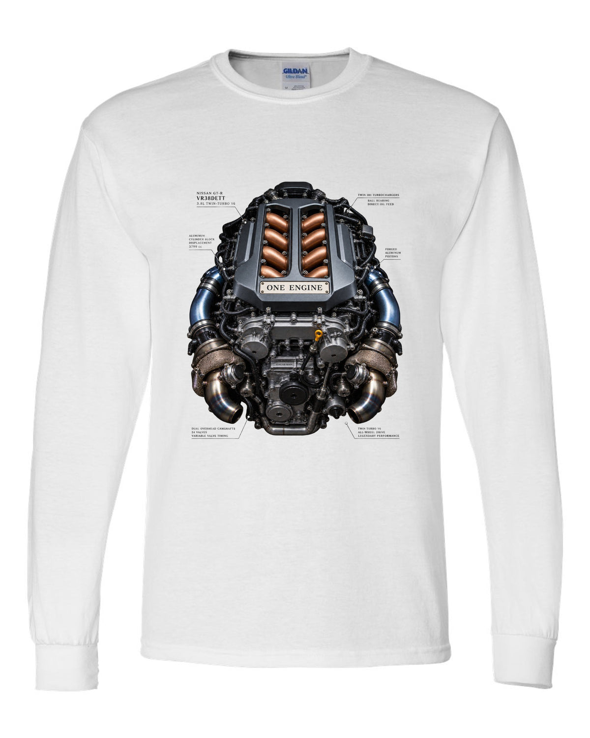 Nissan GT-R VR38DETT twin-turbo V6 engine bay illustration, print design white long sleeve front view with the design