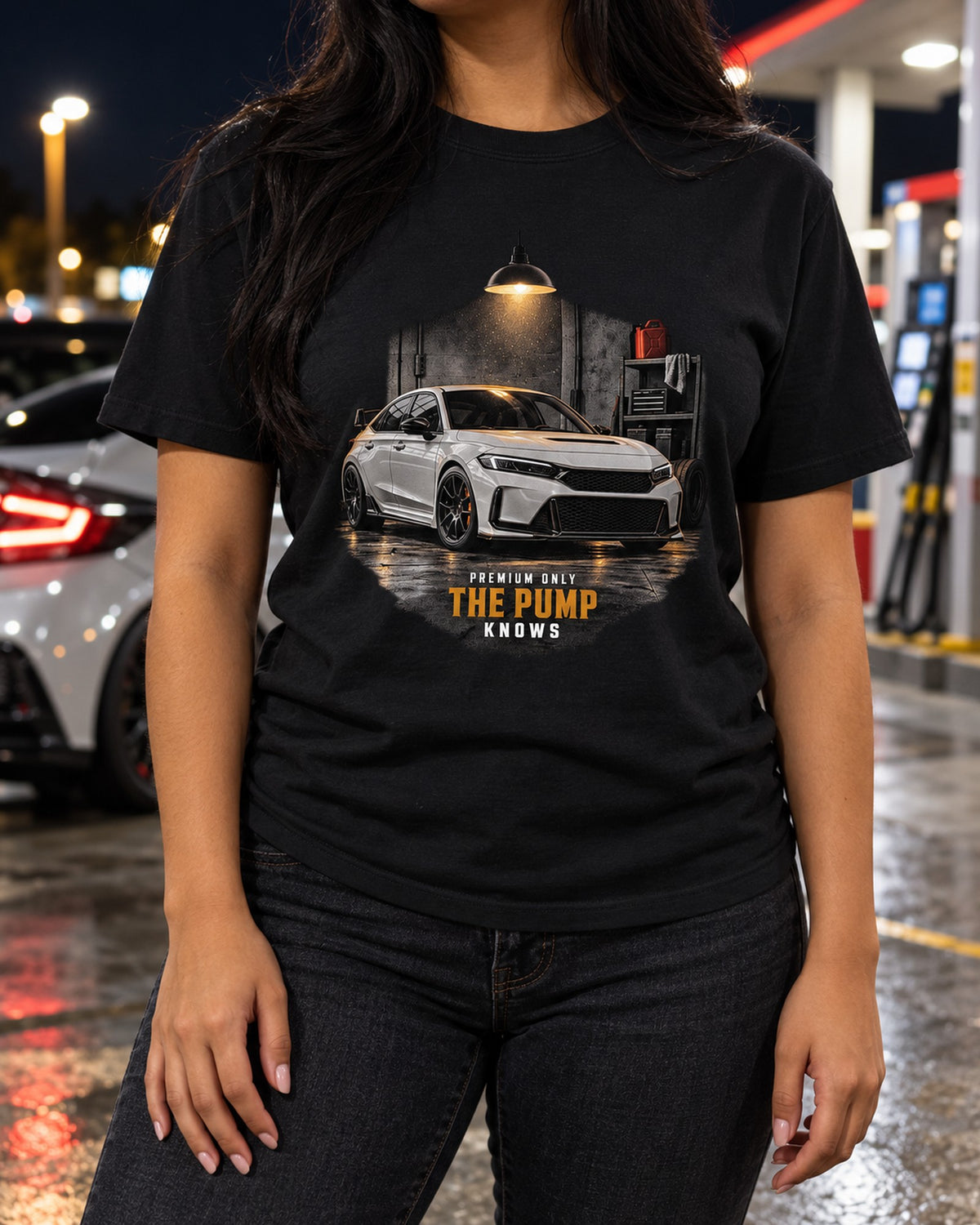 Honda Civic FL5 Garage Night Premium Fuel Tee, Car Guy Gift T-Shirt Black worn hero