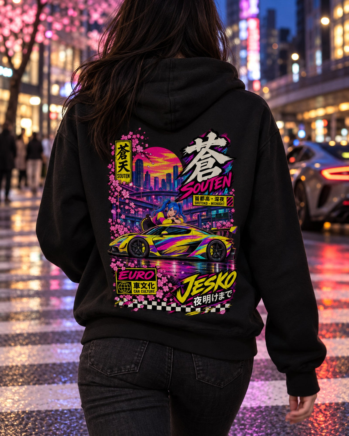 SOUTEN JESKO Anime Girl Full-Back Graphic Tee Pull Over Hoodie Black worn hero