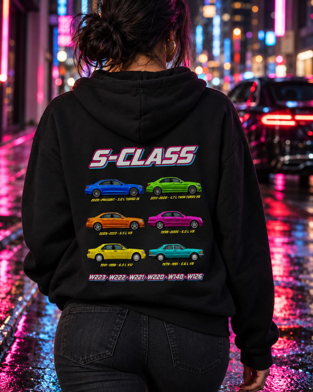 Mercedes S Evolution Poster Full-Back Graphic Tee Pull Over Hoodie Black worn hero