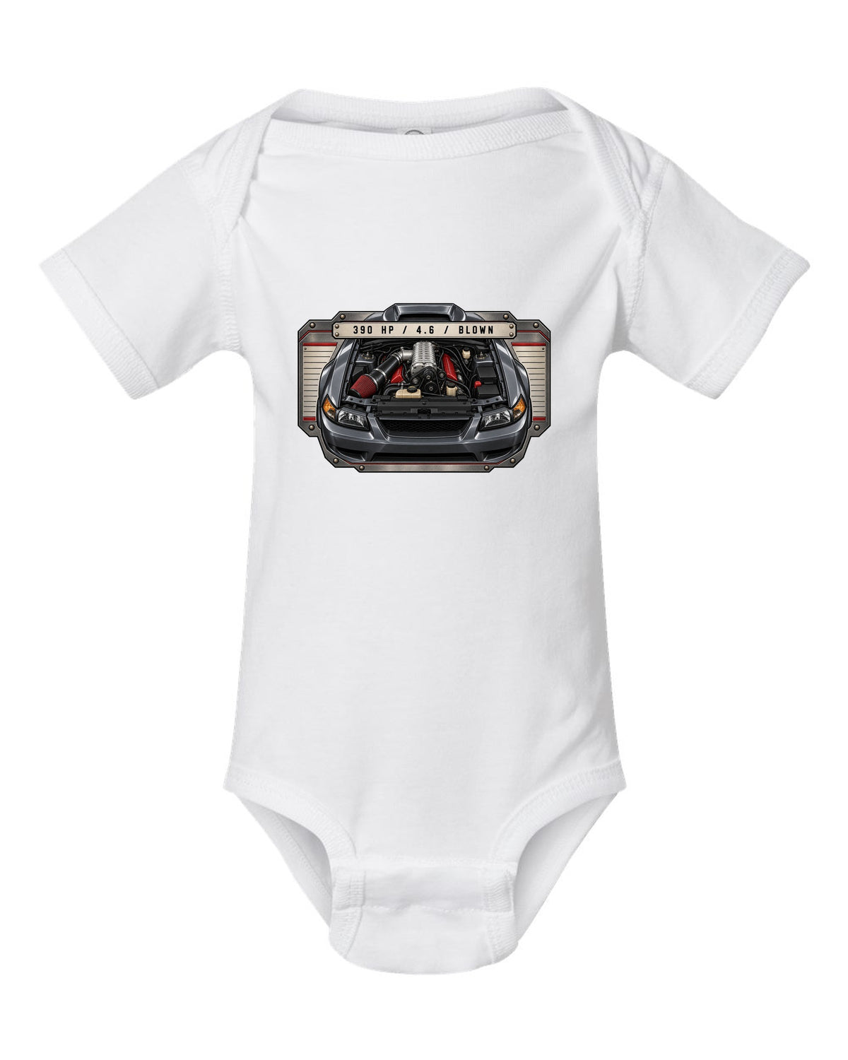 print spec plate design for the 2003-04 New Edge Mustang supercharged 4.6 V8 with 390 HP white baby onesie front view with the design