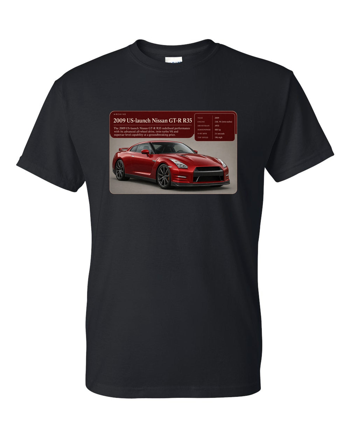 Archive panel print of a deep red 2009 US launch Nissan GT-R R35 black t-shirt front view with the design