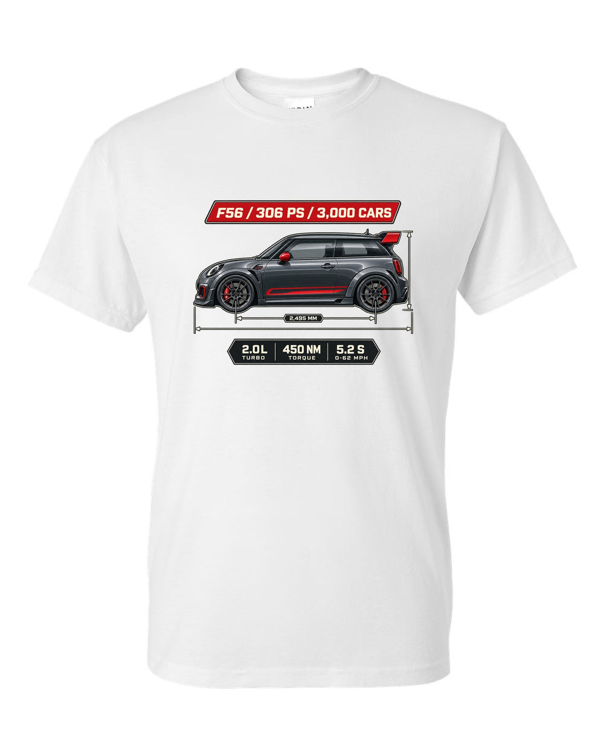 Dimension blueprint print of the Mini JCW GP F56 2020 with 306 PS and 3,000 cars text white t-shirt front view with the design