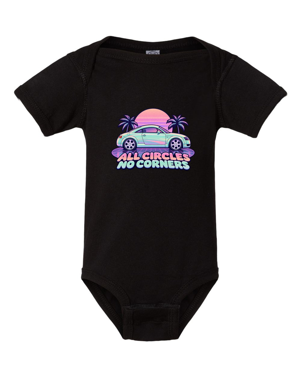 Pastel vaporwave print of an Audi TT Coupe 8N with all circles no corners text black baby onesie front view with the design