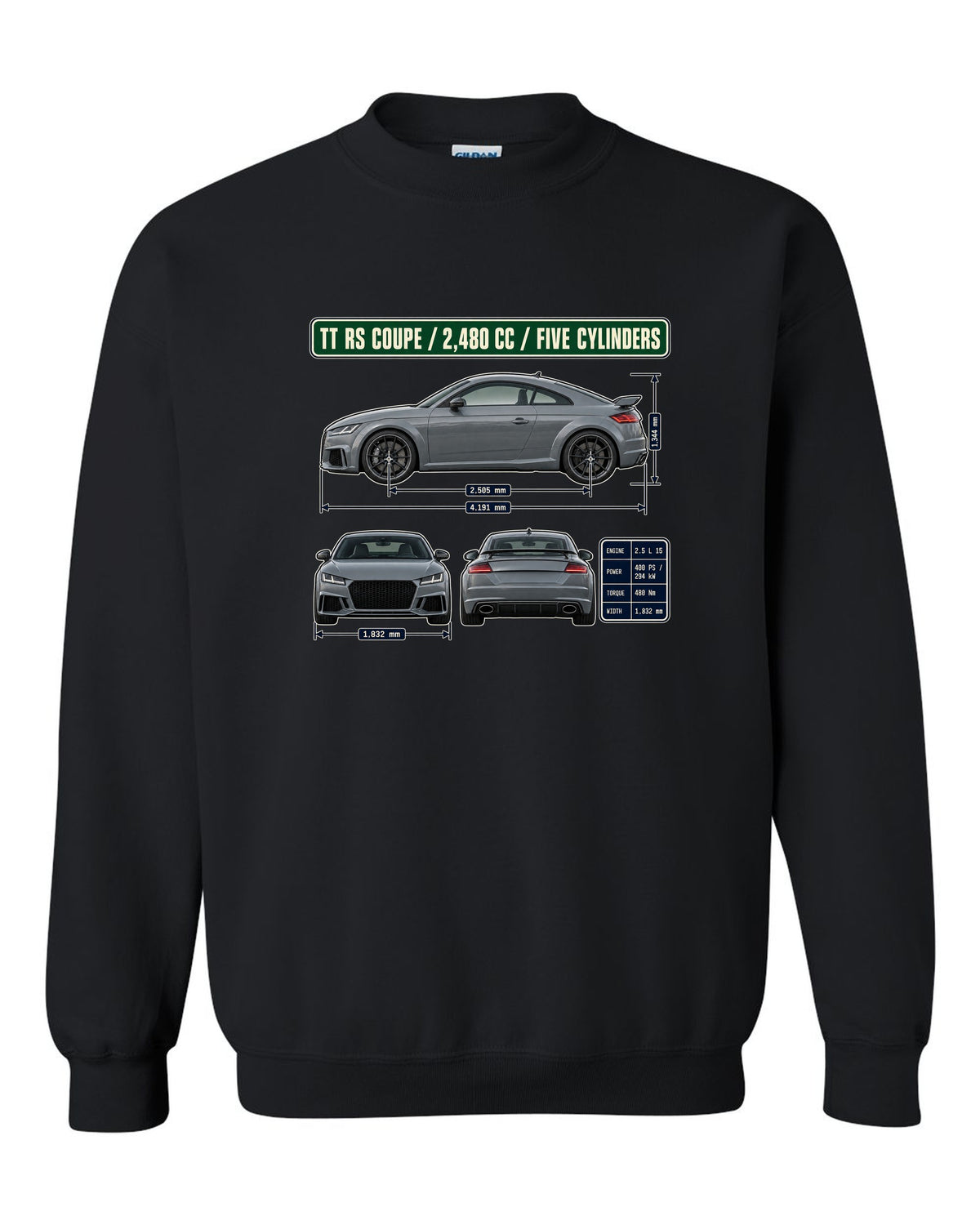 Audi TT RS 8S coupe dimension blueprint print with five-cylinder engine size black crewneck front view with the design