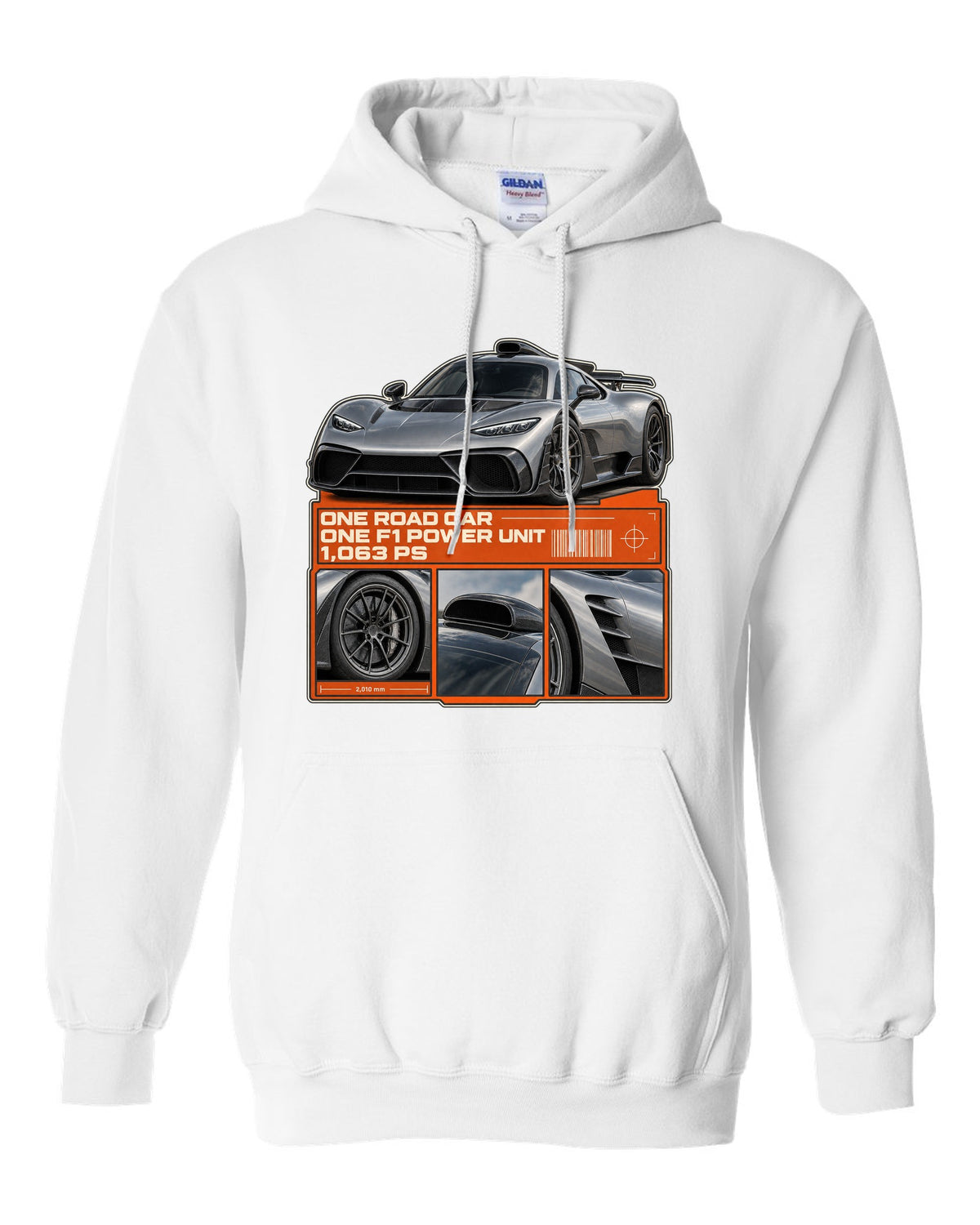Mercedes-AMG One dossier panel design with three detail views white pull over hoodie front view with the design