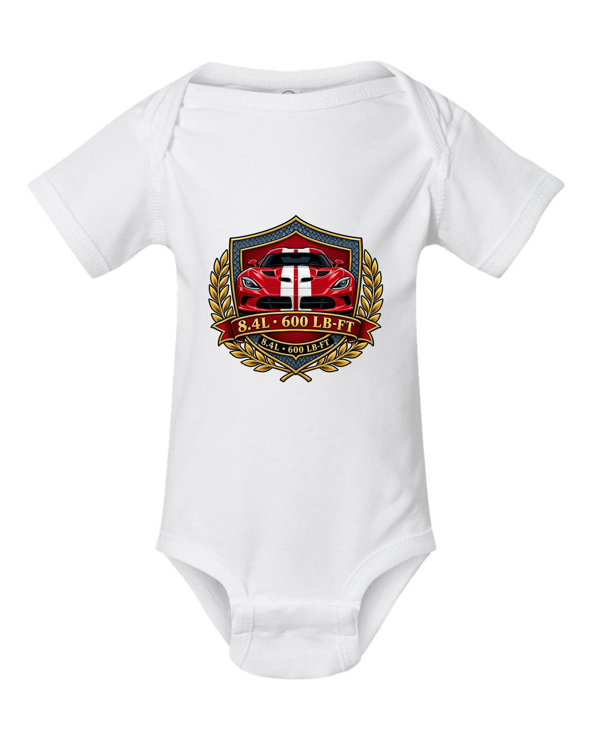 Original shield crest design for the 2013 Dodge Viper VX I with 8.4L and 600 LB-FT lettering white baby onesie front view with the design