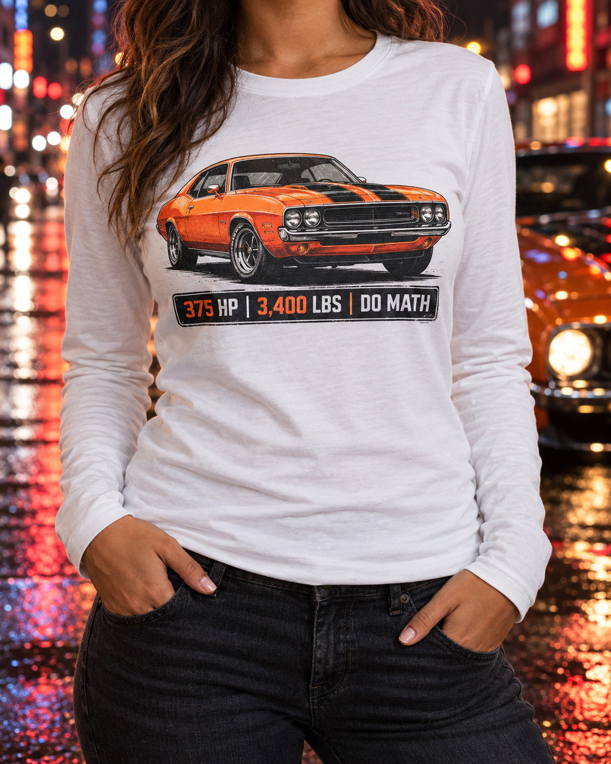 1970 Nova SS 396 Spec Sheet Shirt, 375 HP 3,400 LBS Tee Long Sleeve White worn hero