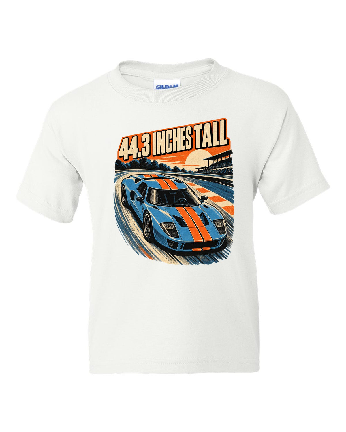 Ford GT 2005 overhead in a retro 1960s Le Mans poster print white kids tee front view with the design