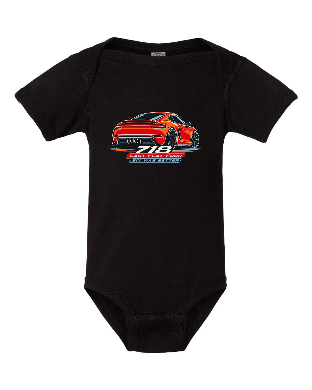 Minimalist continuous line art print of a Porsche 718 Cayman 982 taillight with the text 718, last flat-four, six was better black baby onesie front view with the design