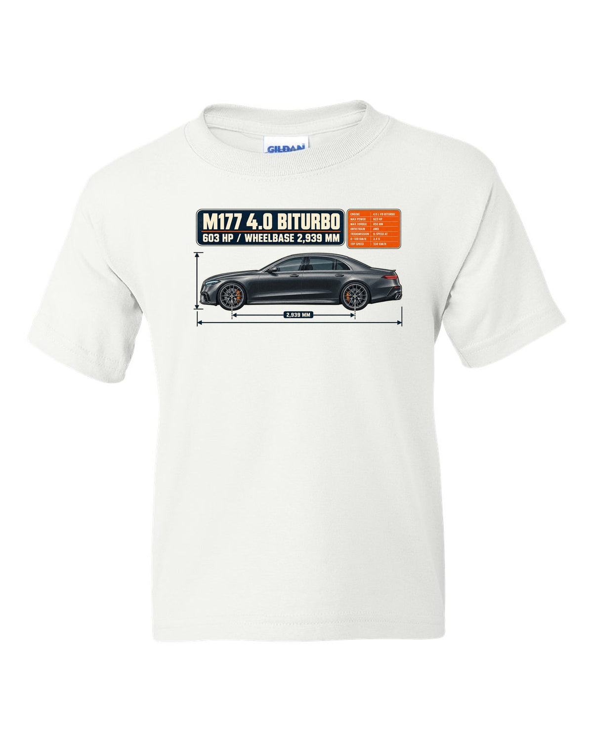 Dimension blueprint print of a graphite grey Mercedes-AMG E63 S W213 sedan white kids tee front view with the design