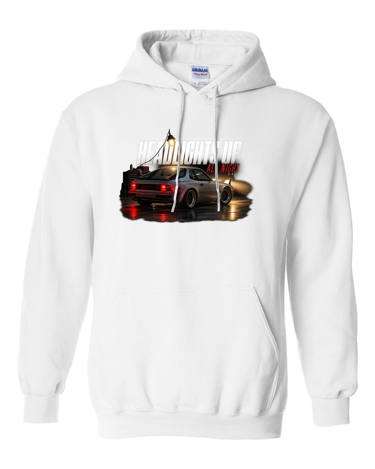 Garage night print of an early Porsche 944 with pop-up headlights raised white pull over hoodie front view with the design
