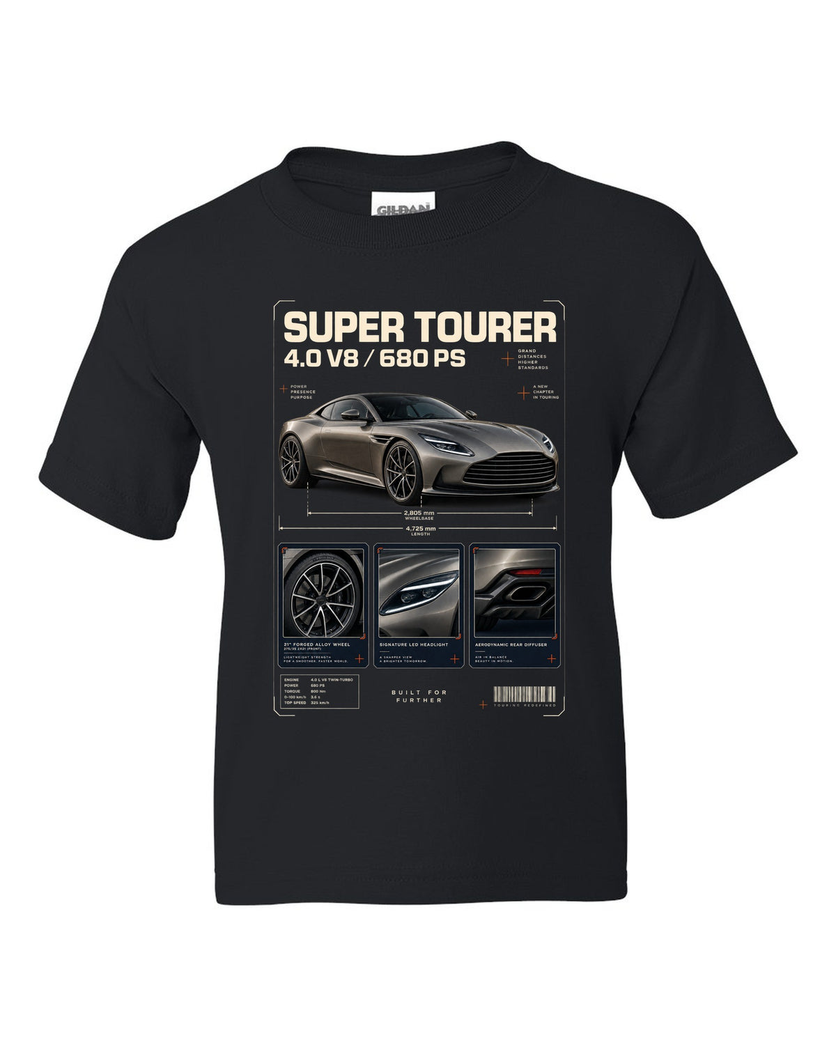 Aston Martin DB12 2023 dossier panels print with super tourer 4.0 V8 680 PS text black kids tee front view with the design