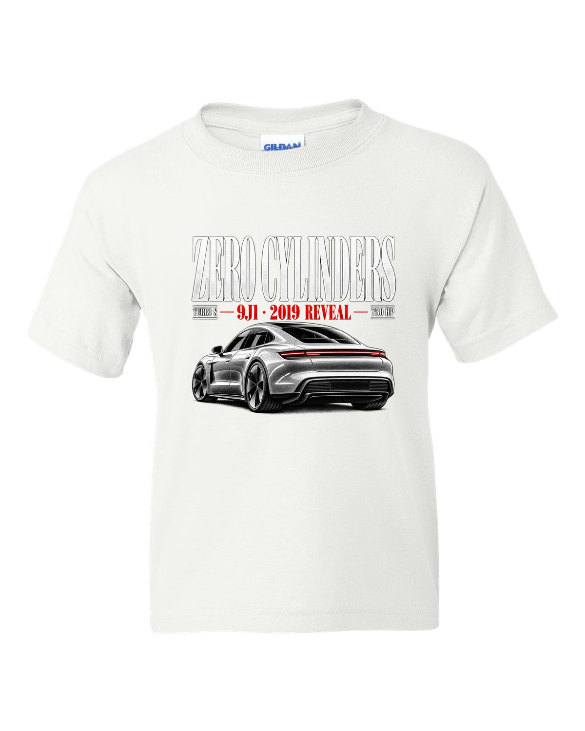 Porsche Taycan Turbo S 9J1 editorial headline with zero cylinders, 2019 reveal, 750 HP white kids tee front view with the design