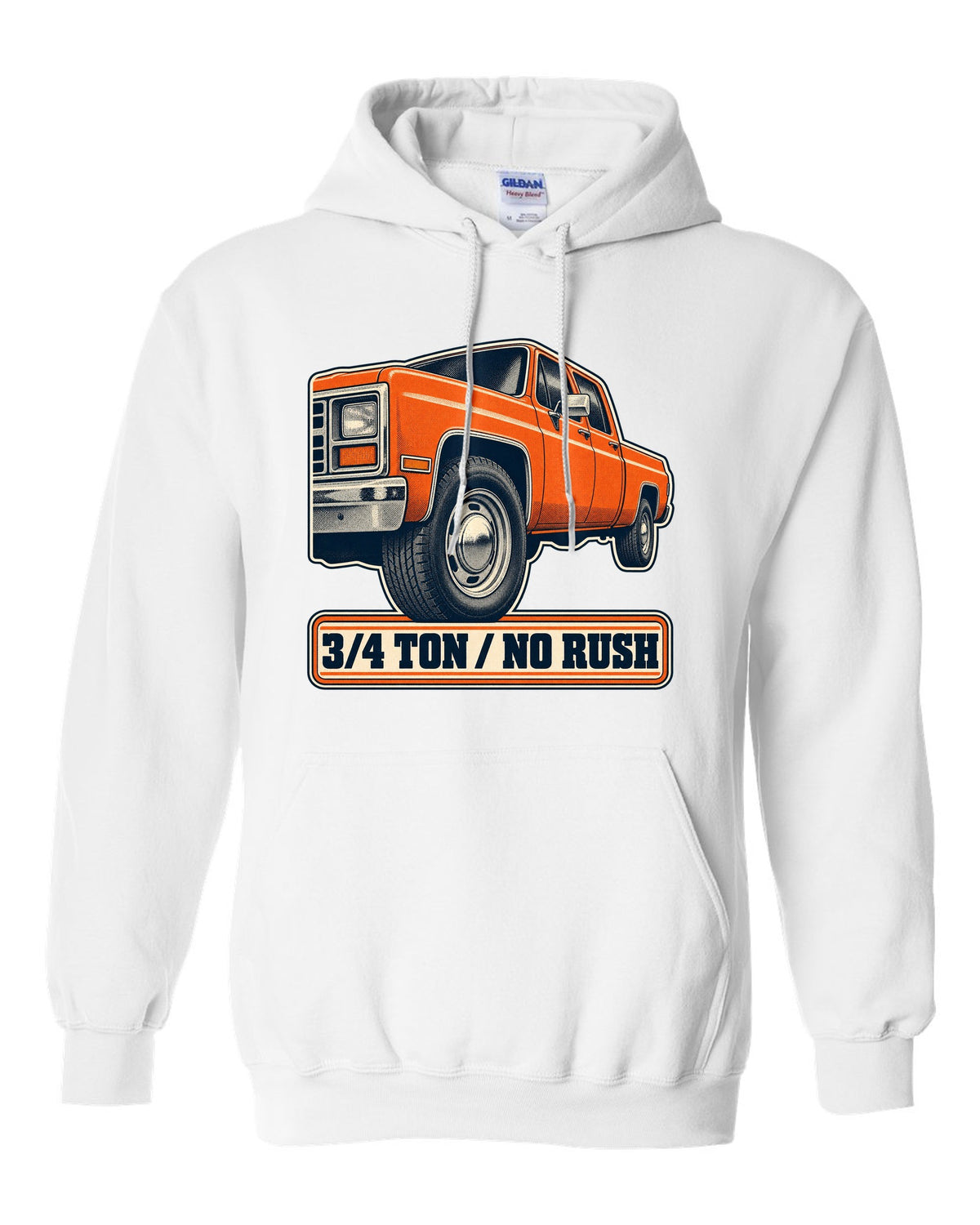 Retro halftone print of a steel wheel close-up on a 1973-87 Chevrolet C20 Squarebody with 3/4 ton lettering white pull over hoodie front view with the design