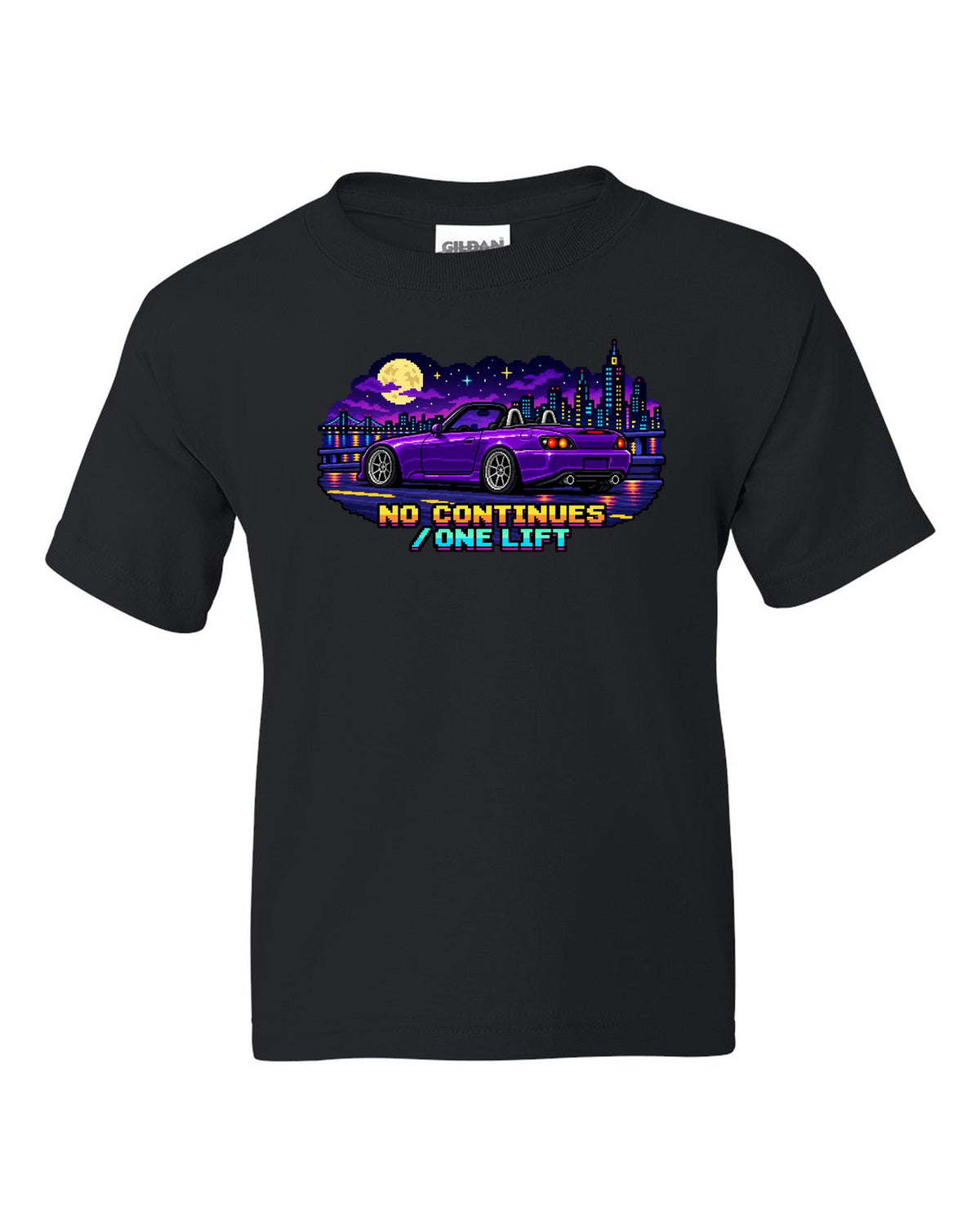 16-bit pixel art Honda S2000 AP2 roadster print with no continues one lift text black kids tee front view with the design