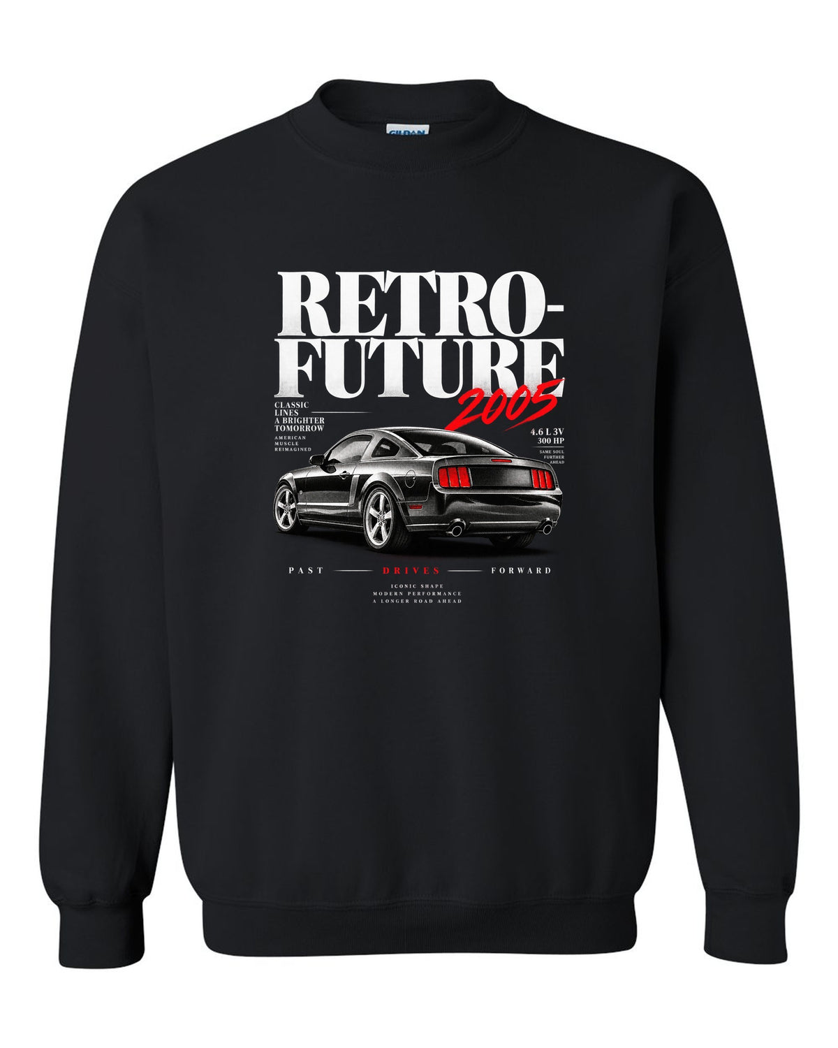 Editorial headline print of a 2005-09 Ford Mustang S197 GT black crewneck front view with the design