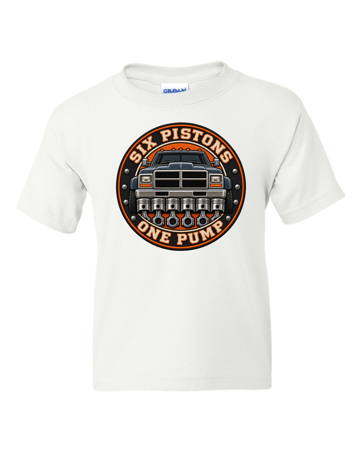Round varsity crest print for a 1994-1998 Dodge Ram 2500 12V Cummins white kids tee front view with the design