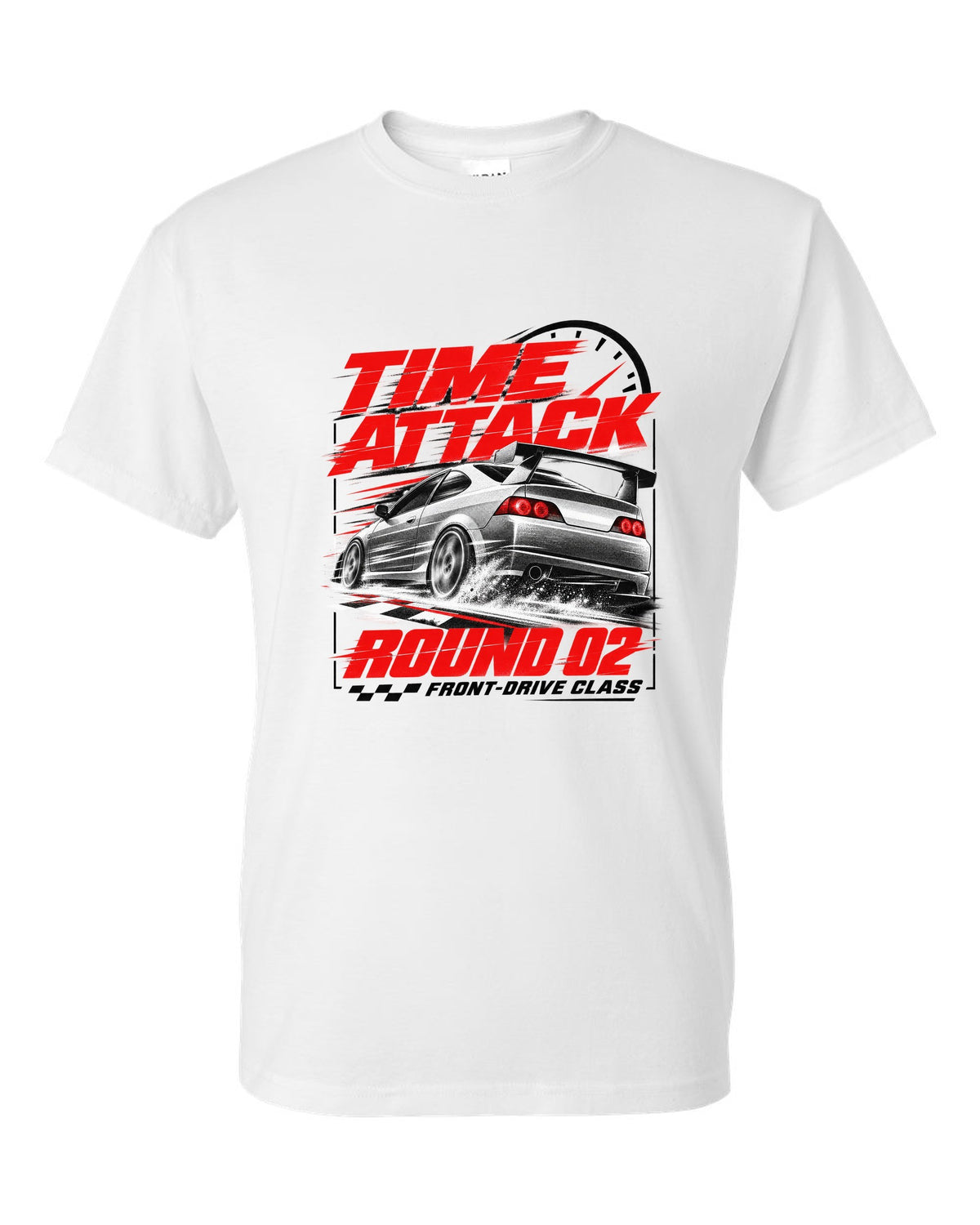 Honda Integra DC5 Type R race poster design for time attack round 02 front-drive class white t-shirt front view with the design