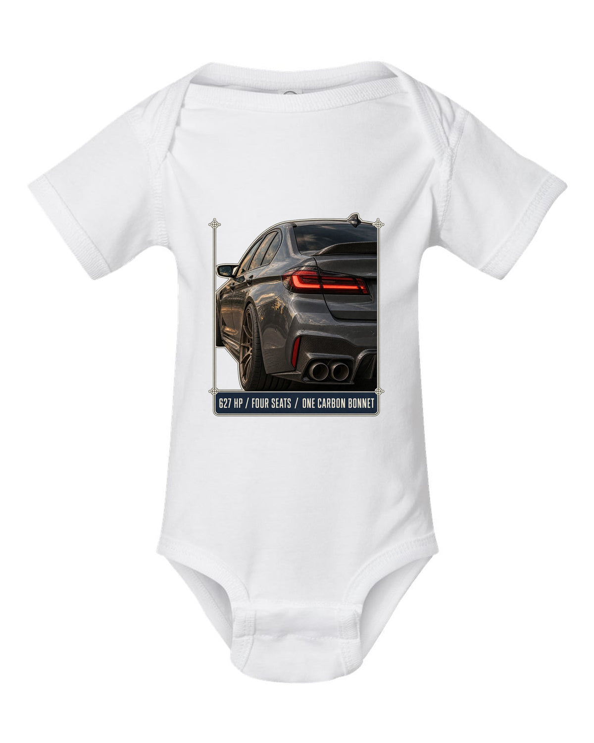 BMW M5 F90 CS taillight macro print with 627 HP, four seats and carbon bonnet text white baby onesie front view with the design