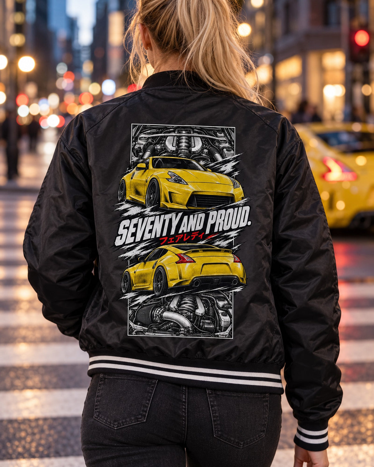 Nissan 370Z Z34 Torn Poster Full-Back Graphic Tee Bomber Jacket Black worn hero