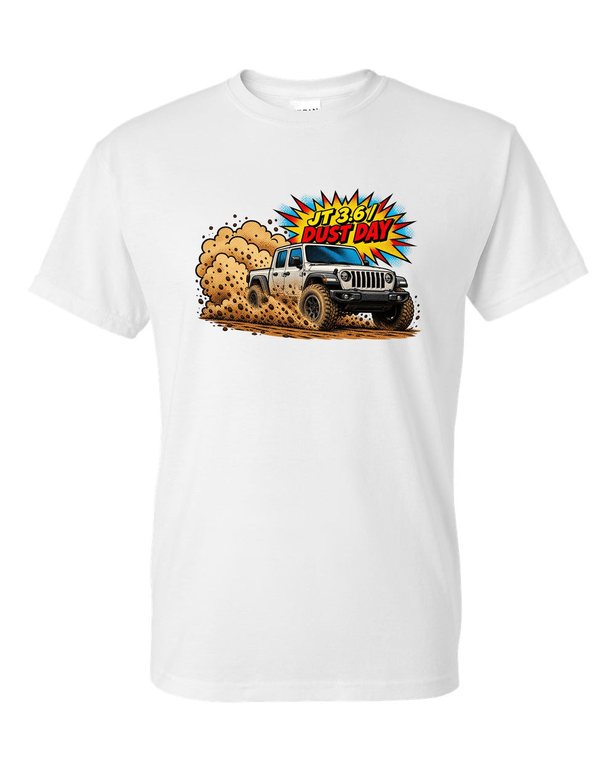 Jeep Gladiator JT mid-burnout in comic halftone pop art with JT 3.6 dust day text white t-shirt front view with the design