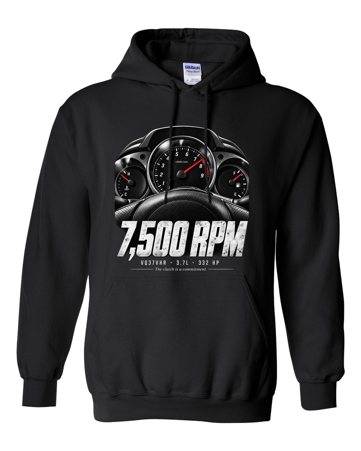 print of a Nissan 370Z Z34 gauge cluster at 7,500 RPM with VQ37VHR text black pull over hoodie front view with the design