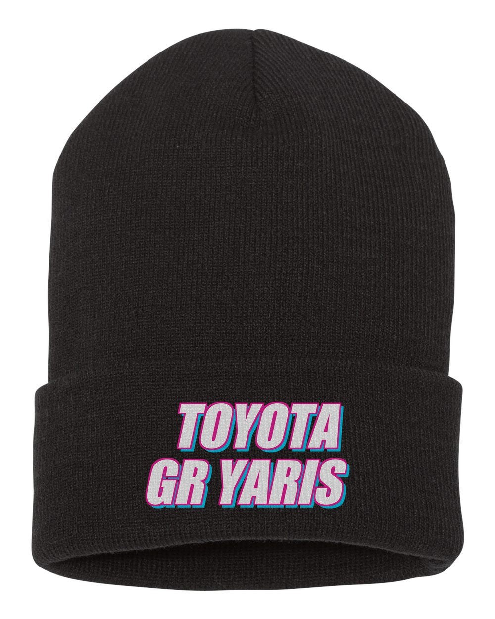Toyota Gr Yaris black beanie front view with car name