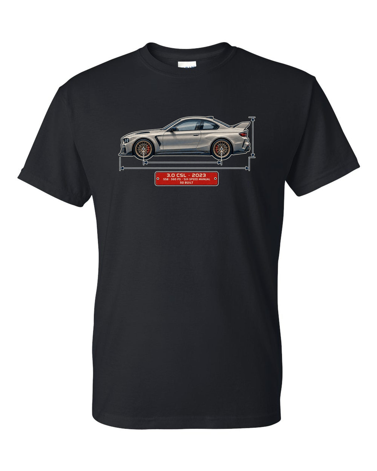 BMW 3.0 CSL 2023 dimension blueprint print black t-shirt front view with the design