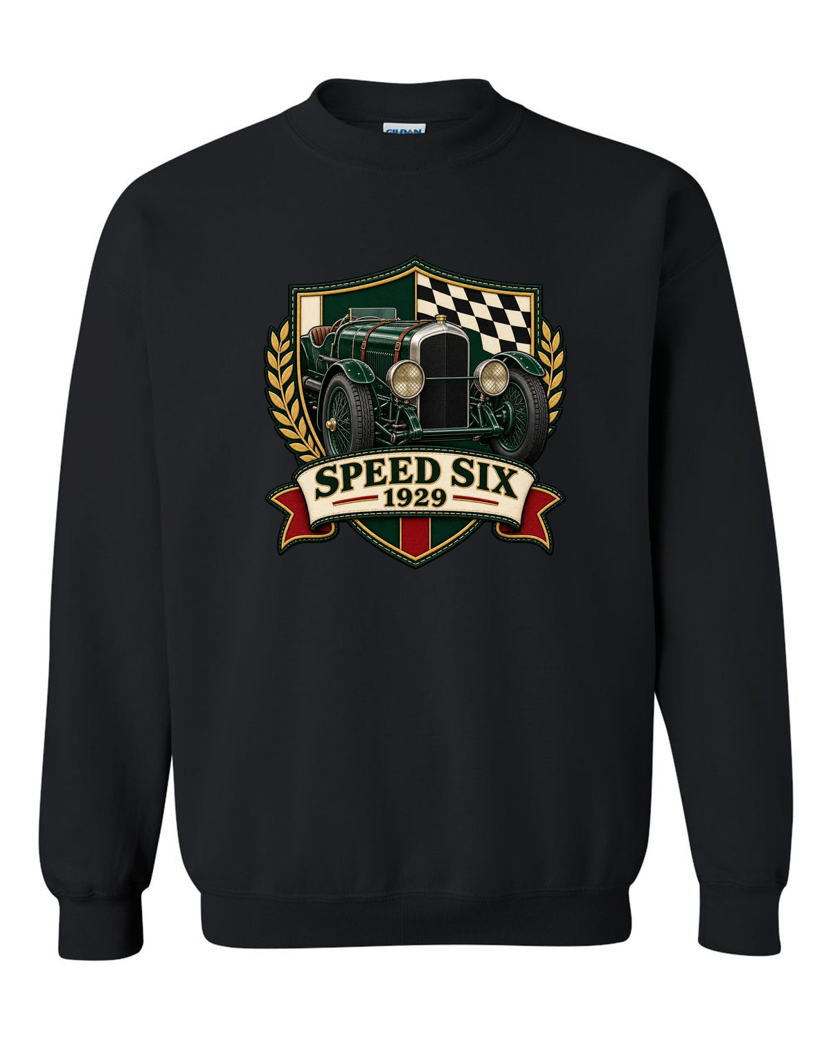Varsity-style embroidered crest design for the 1929 Bentley Speed Six with SPEED SIX lettering black crewneck front view with the design