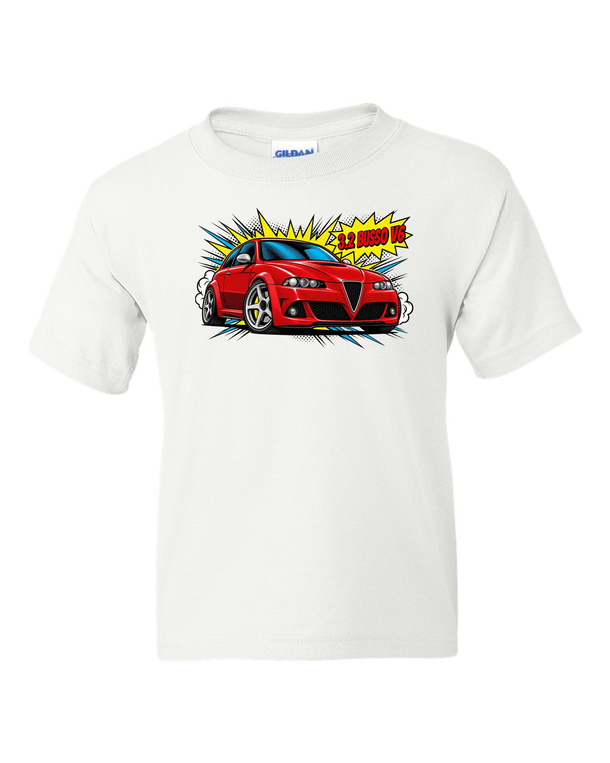 Comic halftone pop-art illustration of an Alfa Romeo 147 GTA with 3.2 Busso V6 text white kids tee front view with the design