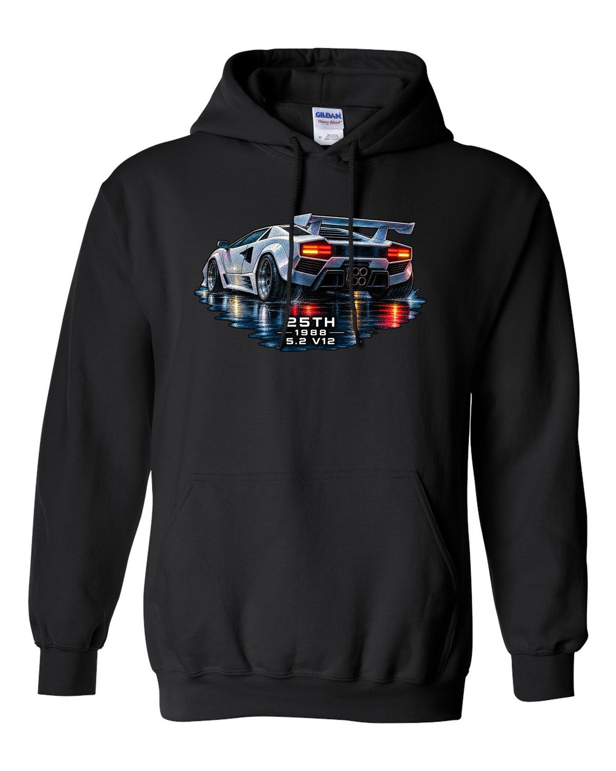 Watercolour wet-road night scene of a Lamborghini Countach 25th Anniversary with 25th 1988 5.2 V12 text black pull over hoodie front view with the design
