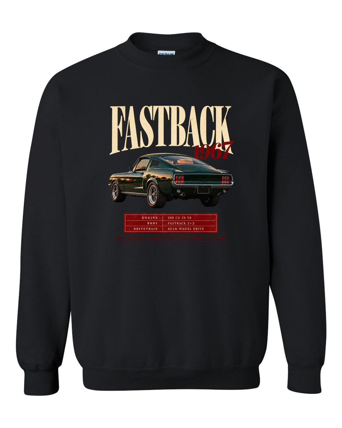 Archive panel illustration of a 1967 Ford Mustang fastback with 289 V8 spec callouts black crewneck front view with the design