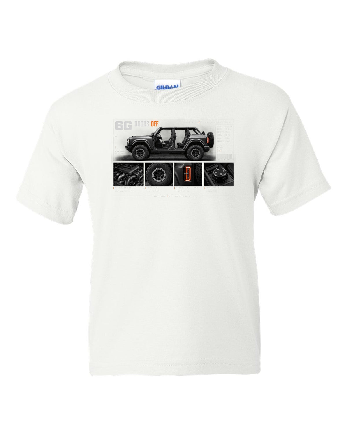 Ford Bronco 6G four-door dossier panel print with doors off, roof off text white kids tee front view with the design