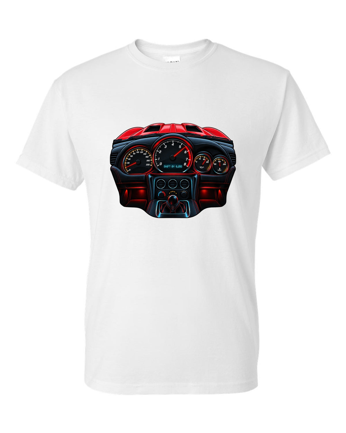 Gauge-cluster HUD design for a 2015 Dodge Viper VX I reading shift by 6,200 white t-shirt front view with the design