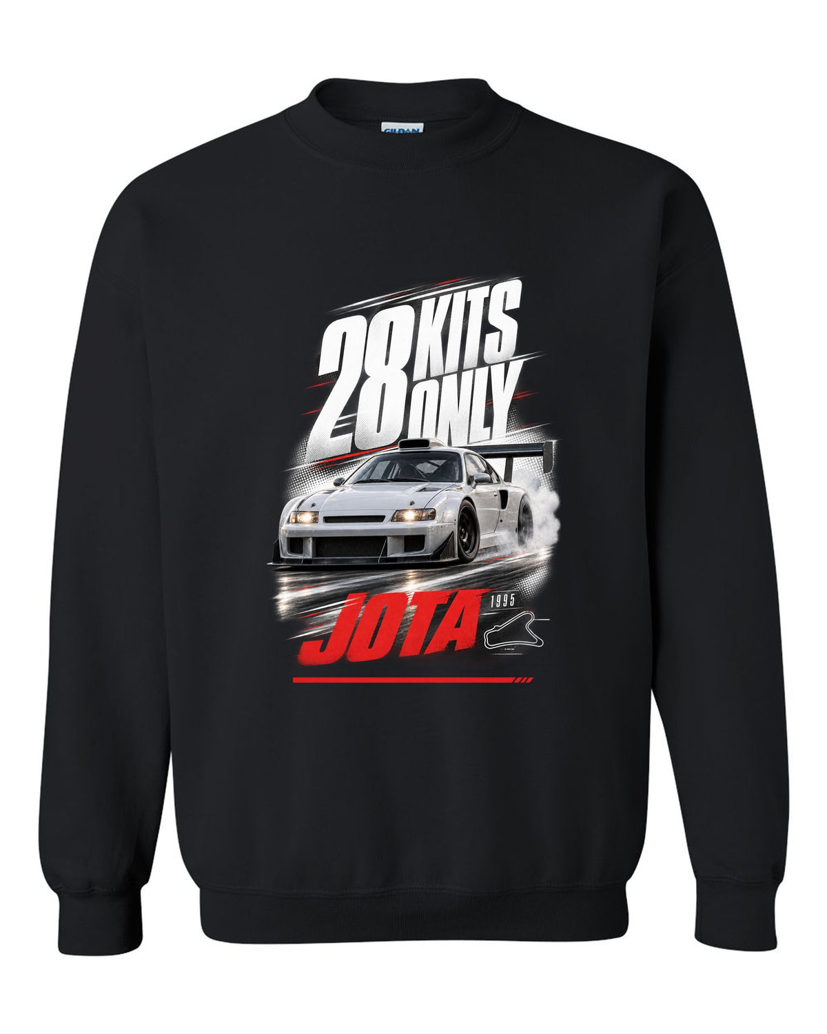 Race poster print of a Lamborghini Diablo SE30 Jota with 28 kits only text black crewneck front view with the design