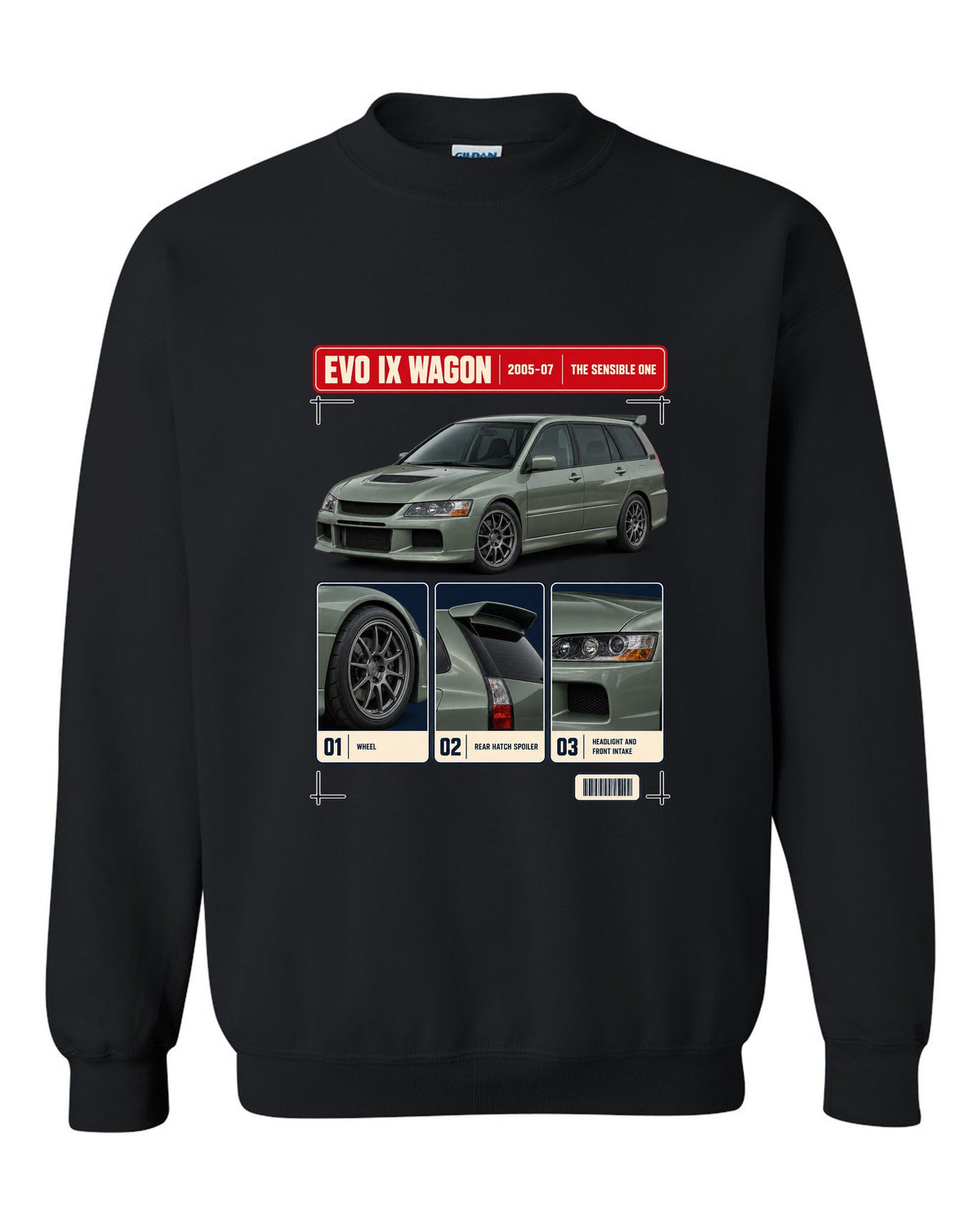 Mitsubishi Lancer Evolution IX Wagon GT three-quarter dossier panel print black crewneck front view with the design
