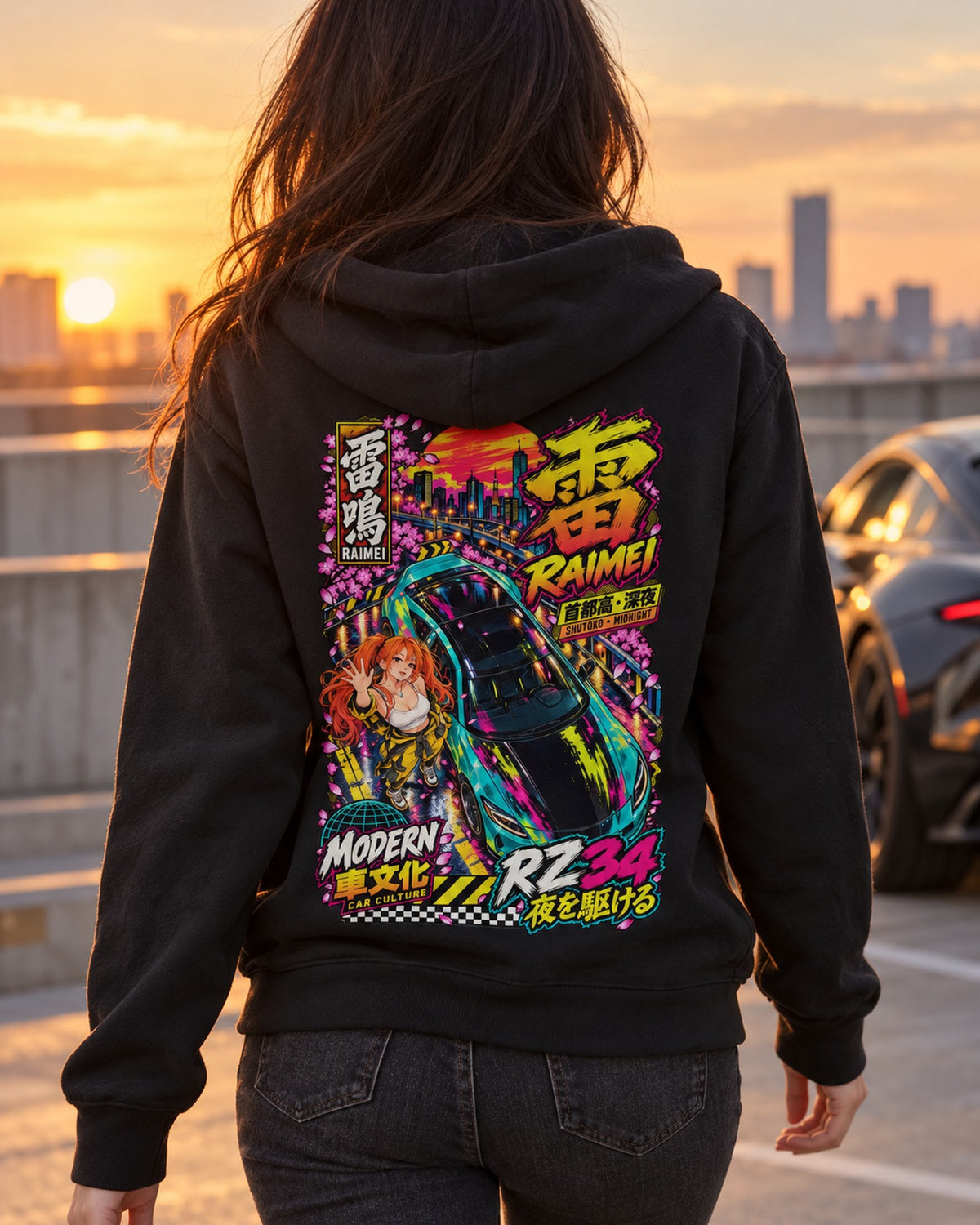 RAIMEI RZ34 Anime Girl Full-Back Graphic Tee Zip Hoodie Black worn hero