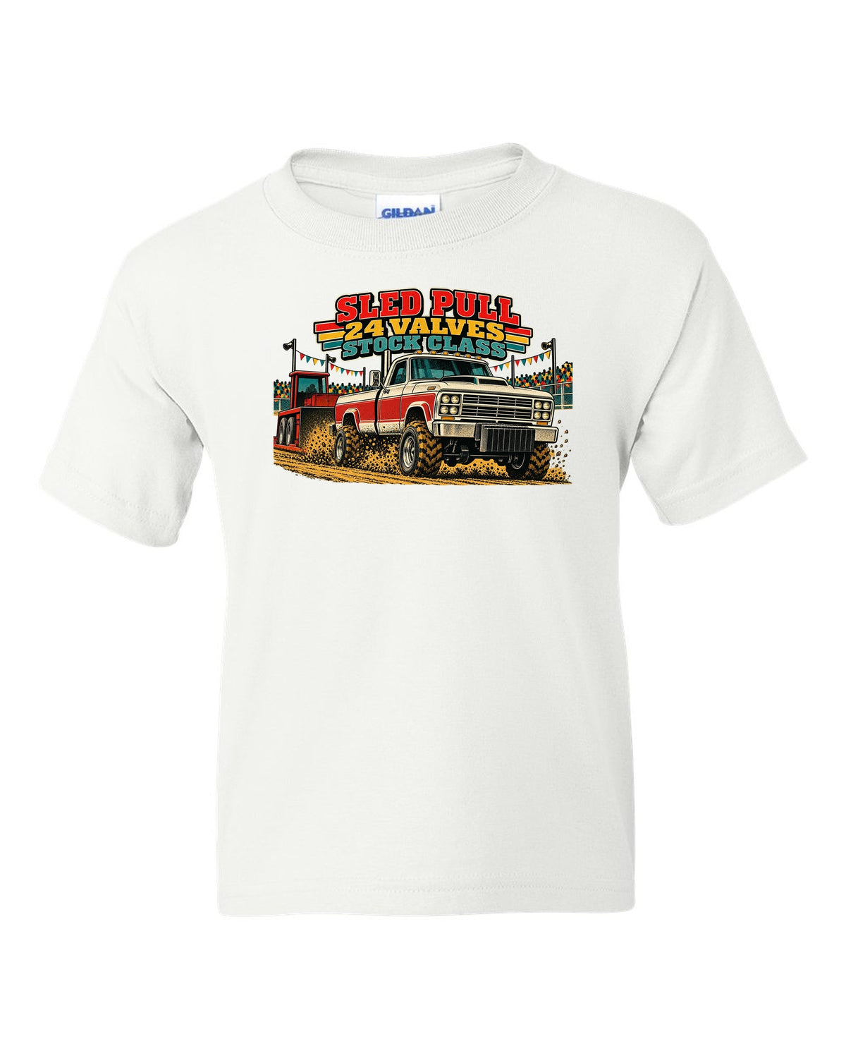 Vintage race poster print of a 1998.5-2002 Ram 2500 24V Cummins for a sled pull white kids tee front view with the design