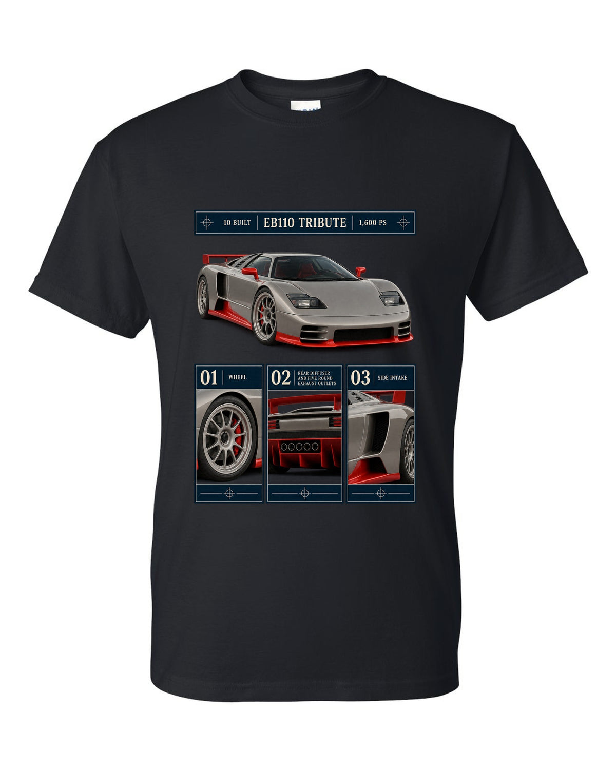 Bugatti Centodieci dossier panel print noting EB110 tribute and 10 built black t-shirt front view with the design