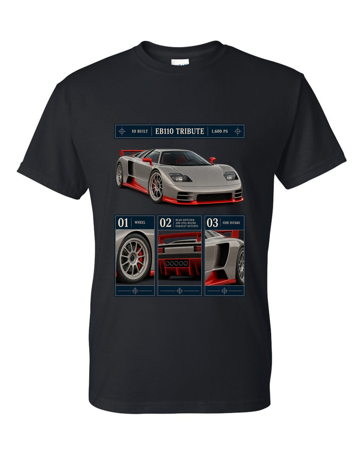 Bugatti Centodieci dossier panel print noting EB110 tribute and 10 built black t-shirt front view with the design