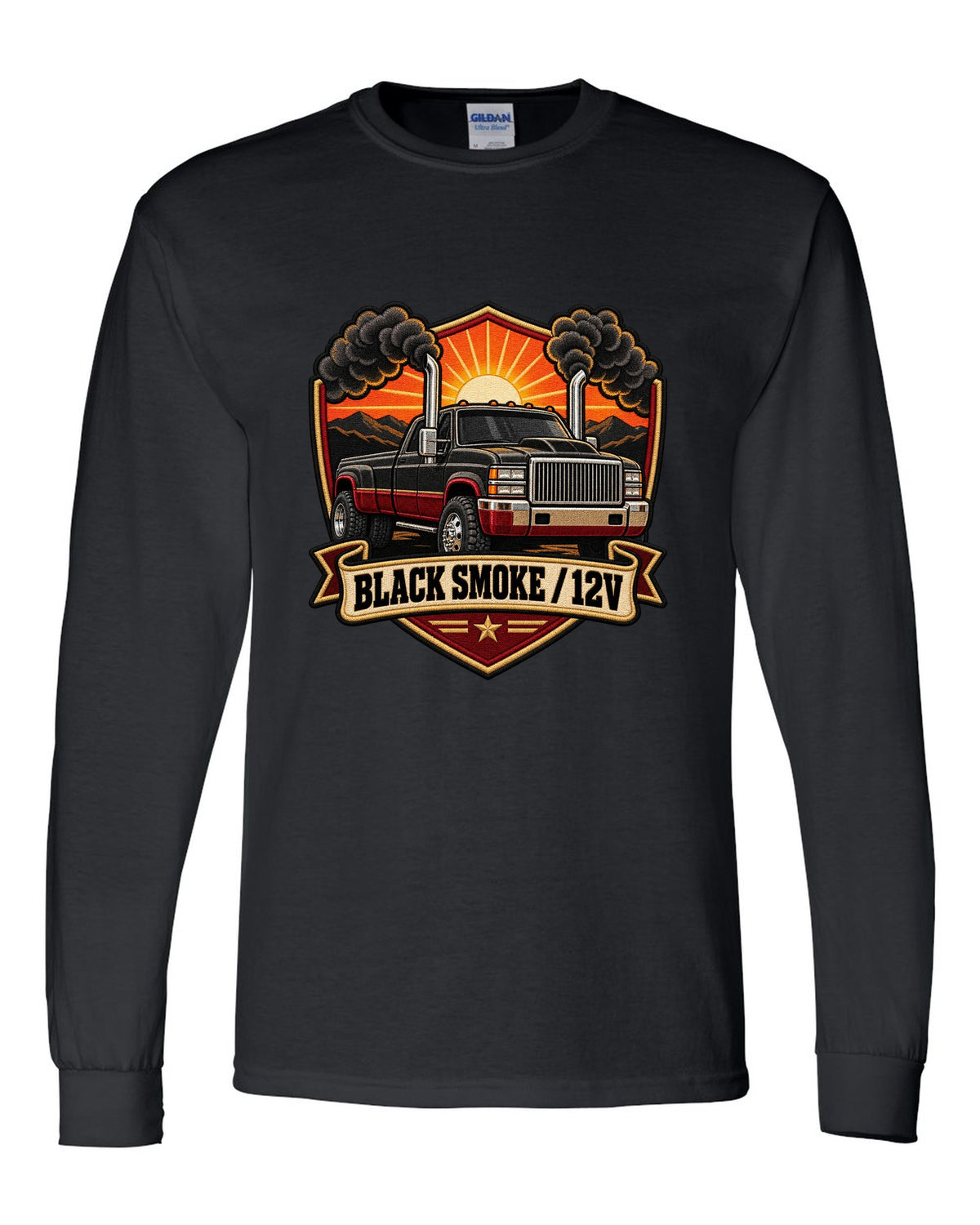 Varsity crest print of a 1994-1998 Dodge Ram 2nd gen with twin chrome smoke stacks and 12V text black long sleeve front view with the design