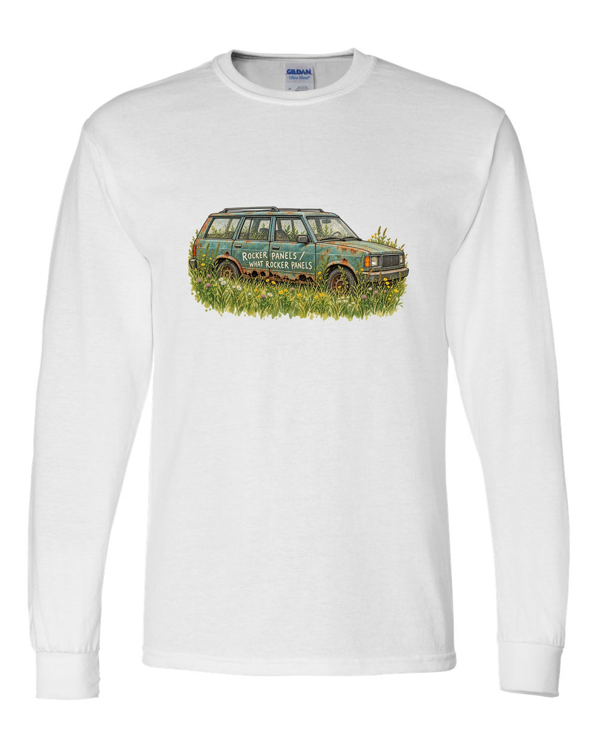 Watercolour print of a Jeep Cherokee XJ in a meadow with a rocker panel joke white long sleeve front view with the design