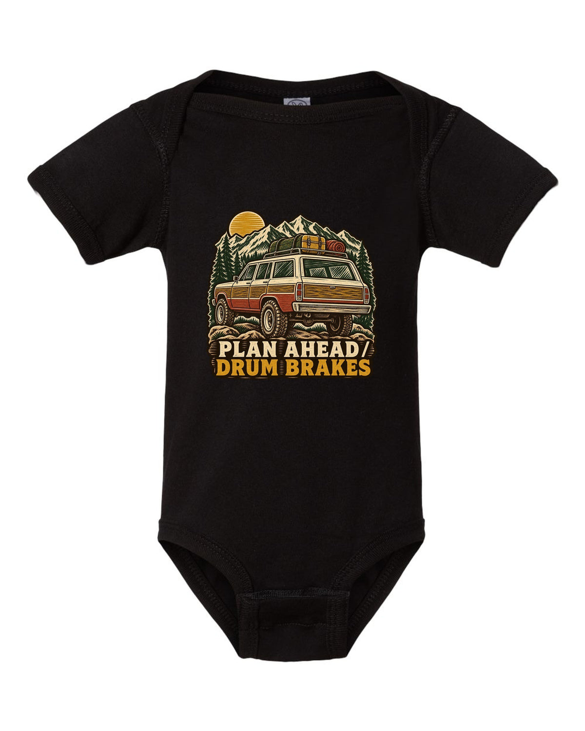 Linocut woodcut of a Toyota Land Cruiser FJ55 with Plan Ahead Drum Brakes lettering black baby onesie front view with the design