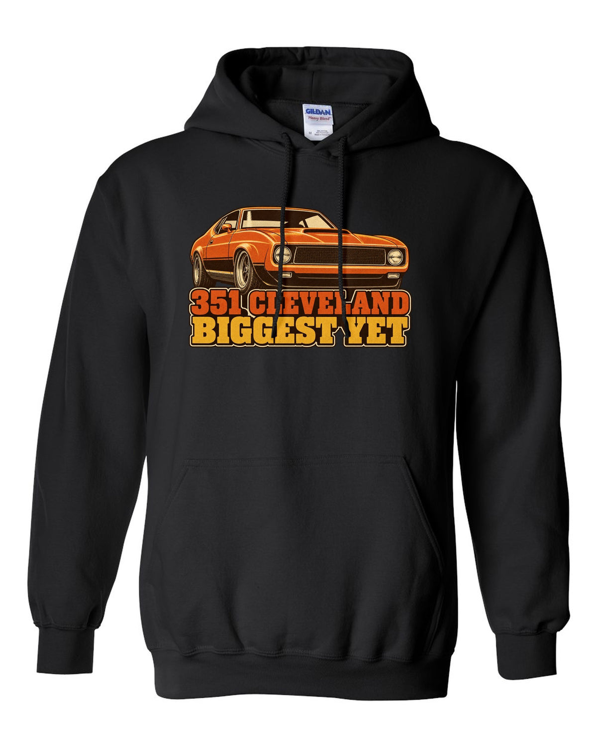 Vintage 70s race poster print of a 1971 Ford Mustang fastback with 351 Cleveland text black pull over hoodie front view with the design