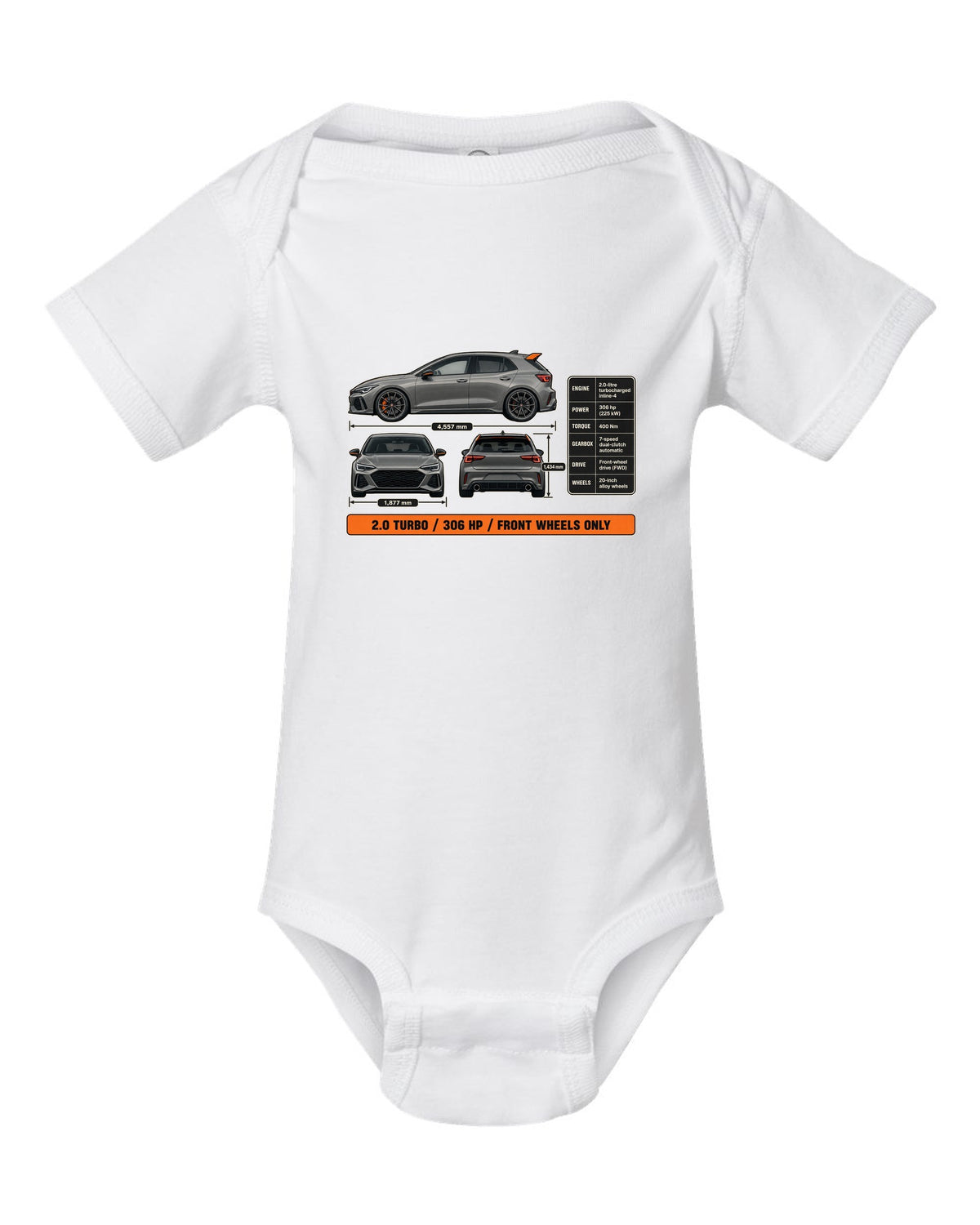 print three-view drawing of a Sonic Grey Honda Civic Type R FK8 white baby onesie front view with the design
