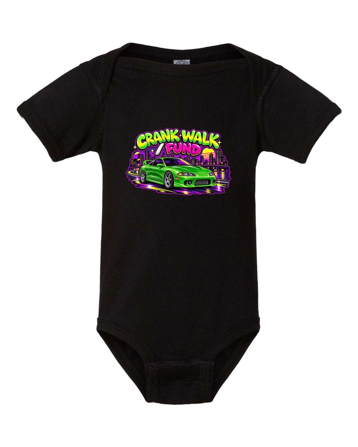 Retro 90s Saturday-morning cartoon style print of a green Mitsubishi Eclipse GSX 2G with crank walk fund text black baby onesie front view with the design